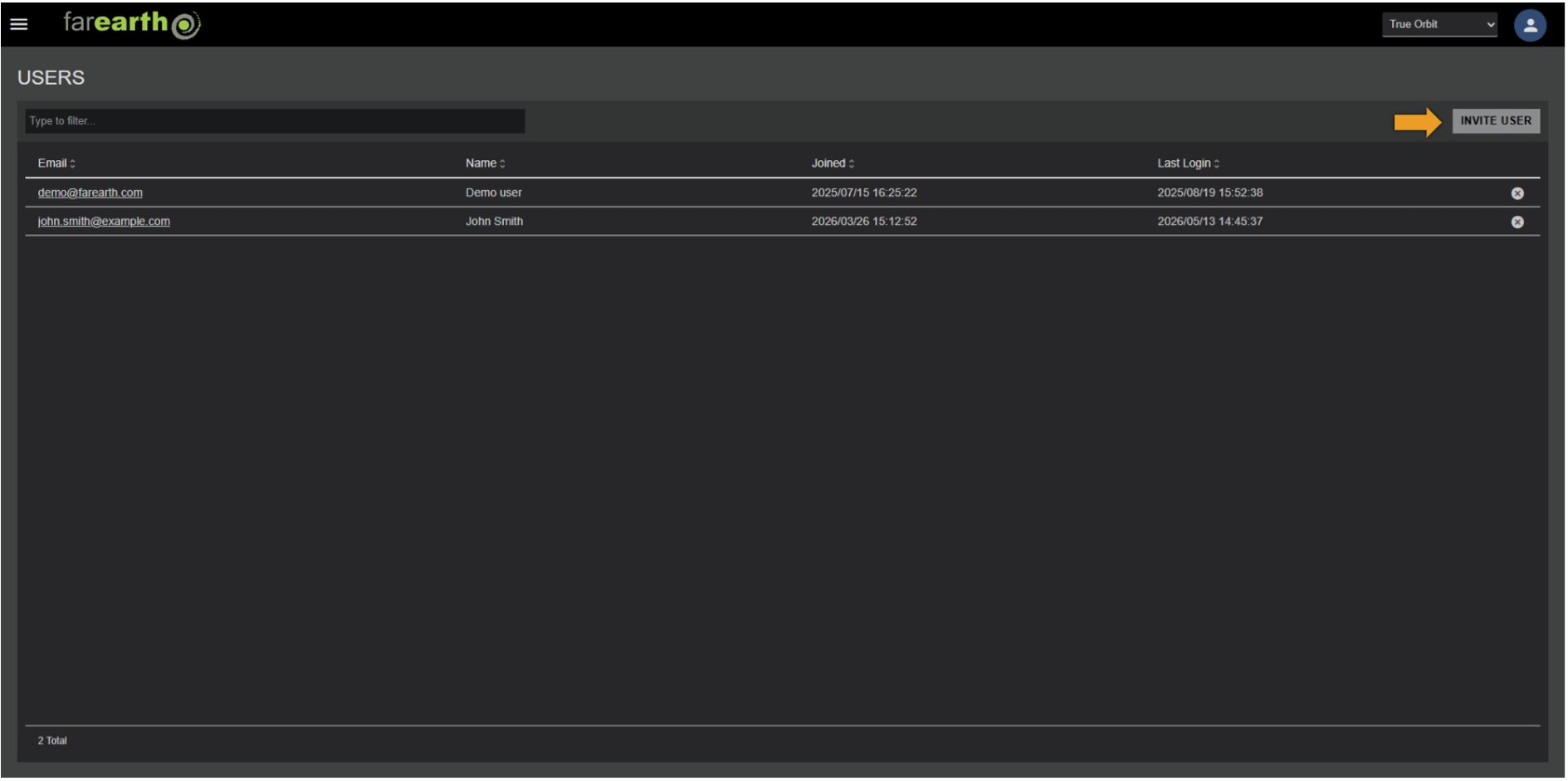 Image showing the Invite User button