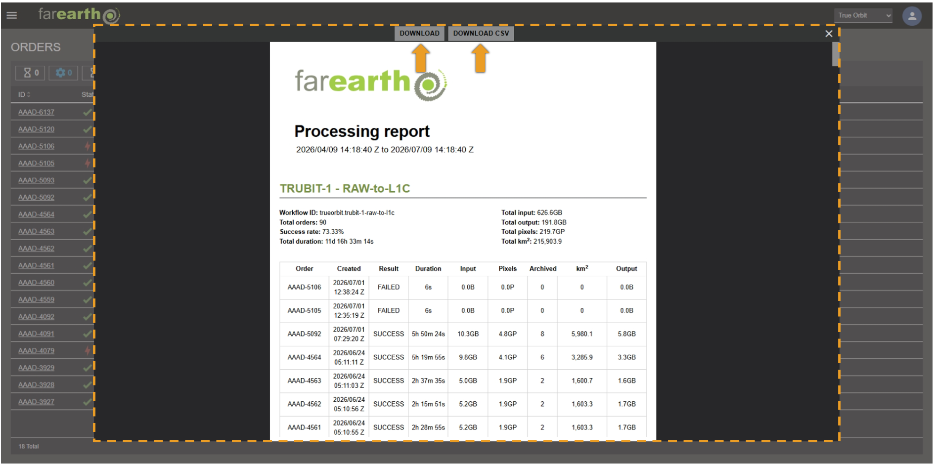Image showing the full-screen processing report view with the download options annotated