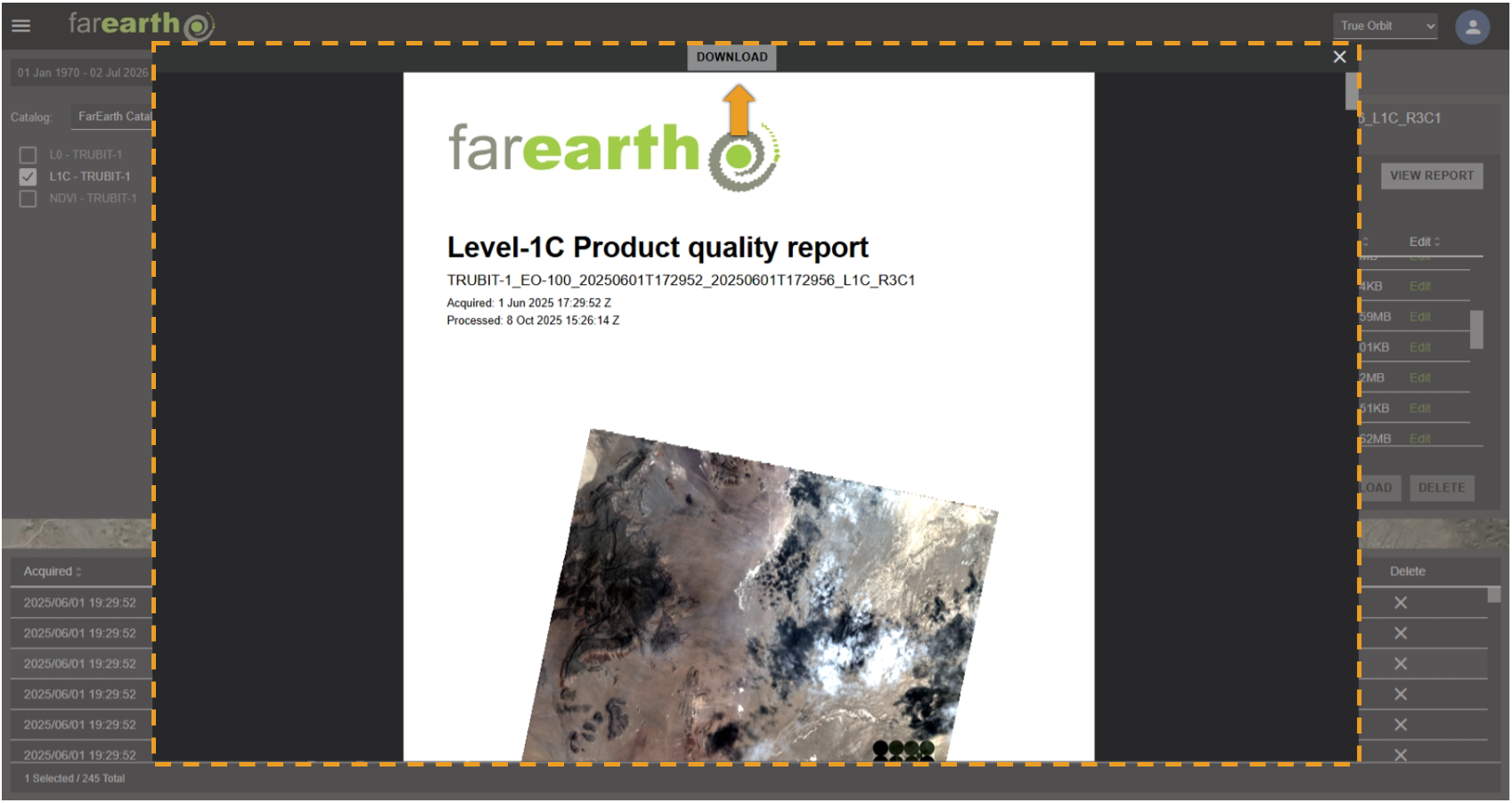 Image showing the full-screen quality report view with the download button annotated
